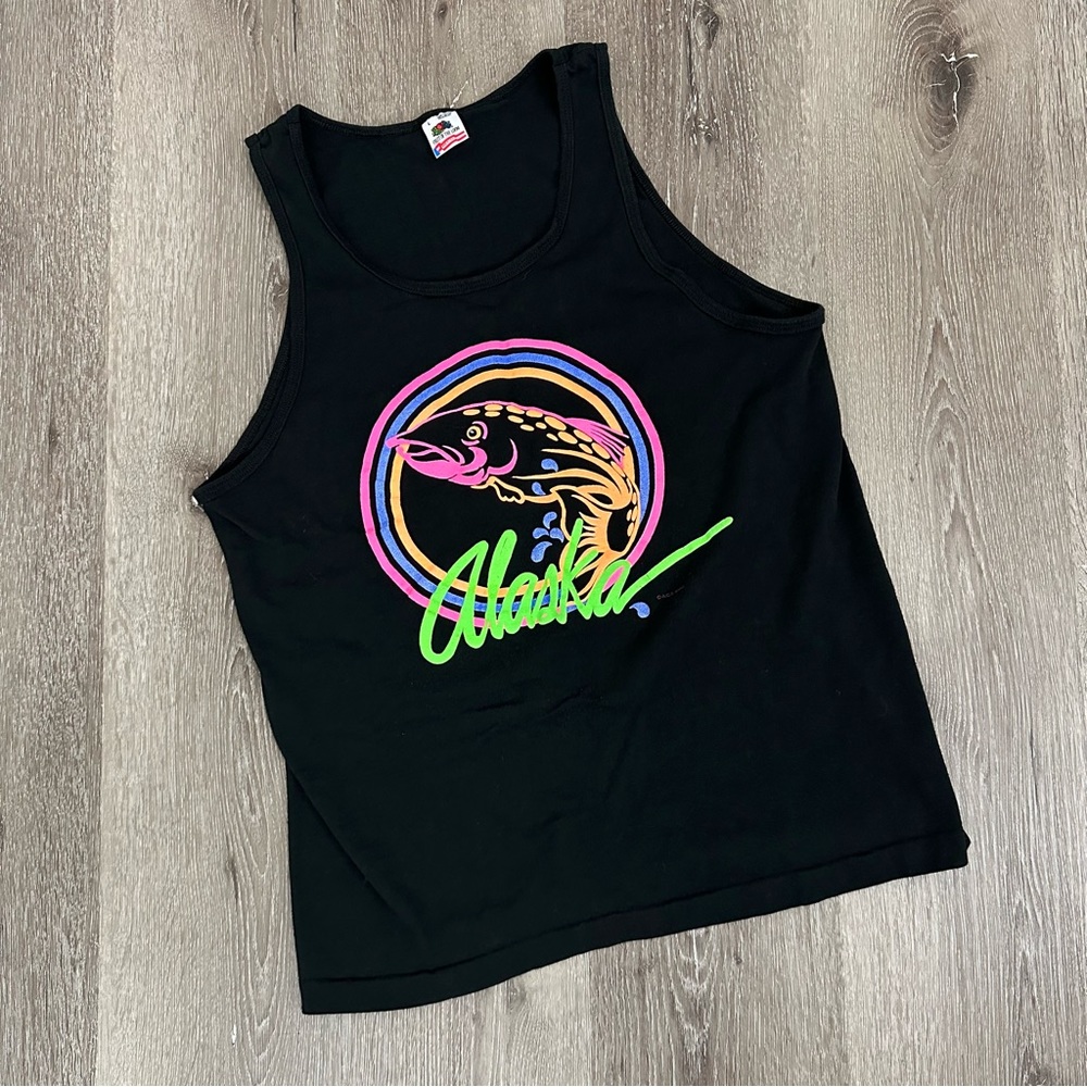 Vintage 90’s Neon Print Alaska Tourist Tank - Black Cotton Unisex Graphic Tour